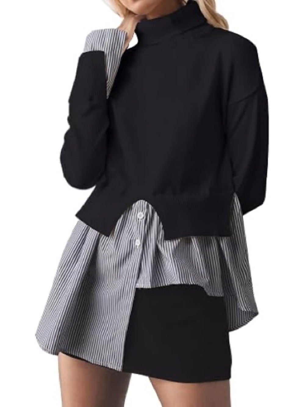 Avantlook Black Layered Knit Mini Sweater with Striped Hem Size M/L